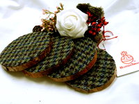 Wood slice Harris Tweed drinks coasters Green blue houndstooth unique handmade gift made in Scotland