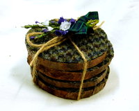 Wood slice Harris Tweed drinks coasters Green blue houndstooth unique handmade gift made in Scotland