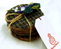 Wood slice Harris Tweed drinks coasters Green blue houndstooth unique handmade gift made in Scotland