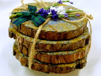 Log slice coasters with Harris Tweed in Blue, mustard yellow and russet plaid, ideal gift handmade in Scotland