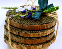 Log slice Harris Tweed rustic drinks coasters, set of four brown herringbone handmade with natural pine wood and pure wool tweed