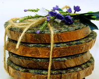 Wood slice Harris Tweed drinks coasters Green blue houndstooth unique handmade gift made in Scotland