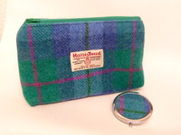 Harris Tweed Jade green, Blue and pink cosmetic bag with  matching compact mirror