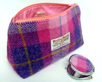 Cosmetic bag pink and purple Harris Tweed with matching compact mirror