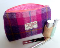 Cosmetic bag pink and purple Harris Tweed with matching compact mirror