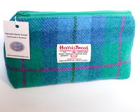 Harris Tweed Jade green, Blue and pink cosmetic bag with  matching compact mirror