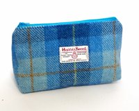 Cosmetic bag Blue shades of checked Harris Tweed with matching compact mirror Make-up bag