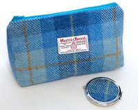 Cosmetic bag Blue shades of checked Harris Tweed with matching compact mirror Make-up bag