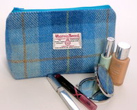 Cosmetic bag Blue shades of checked Harris Tweed with matching compact mirror Make-up bag