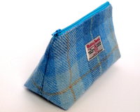 Cosmetic bag Blue shades of checked Harris Tweed with matching compact mirror Make-up bag