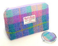 Harris Tweed pastel colours Cosmetic  make-up bag with matching compact mirror , lilac, jade, pink and blue