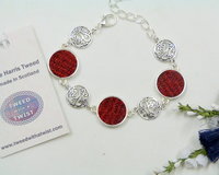 Red Harris Tweed bracelet with celtic spiral filigree features, made in Scotland , Christmas or birthday gift womens or bridesmaid jewellery