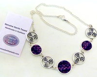 Purple Harris Tweed necklace with celtic tri spiral, triskele infinity knots made in Scotland , Christmas or birthday Scottish gift for women