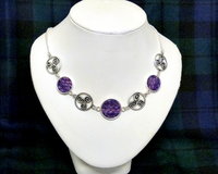 Purple Harris Tweed necklace with celtic tri spiral, triskele infinity knots made in Scotland , Christmas or birthday Scottish gift for women