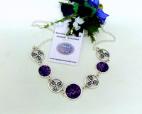 Purple Harris Tweed necklace with celtic tri spiral, triskele infinity knots made in Scotland , Christmas or birthday Scottish gift for women