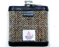 Harris Tweed Gin hip  flask, brown herringbone weave,  Scottish gift for men ideal Christmas, retirement Gin lovers present