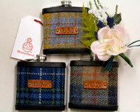 Harris Tweed  Hip Flasks  with initials embossed on black or brown leather labels for Best Man,  Father of Bride or groomsmen, Scottish luxury gift sets of 3-6