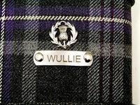 Hebridean Thistle tartan hip flask with thistle and stainless steel tag engraved with personalisation initials, name, date, motto etc. of your choice
