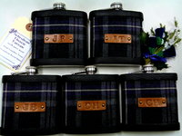 Harris Tweed  Hip Flasks  with initials embossed on black or brown leather labels for Best Man,  Father of Bride or groomsmen, Scottish luxury gift sets of 3-6