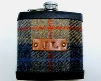 Harris Tweed  Hip Flasks  with initials embossed on black or brown leather labels for Best Man,  Father of Bride or groomsmen, Scottish luxury gift sets of 3-6