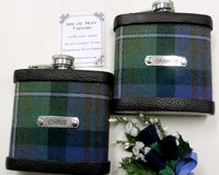 Clan or family tartan hip flask with stainless steel engraved tag with name, initials,  date, motto etc. of your choice