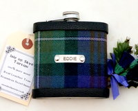 Isle of Skye, Black Watch, Hebridean thistle,Hebridean Heather tartan hip flask with stainless steel engraved tag with name, initials,  date, motto etc. of your choice