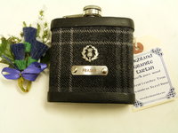 Aberdeen Tartan hip flask with thistle and custom engraved stainless steel tag with any name, date, motto etc.