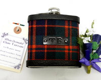 Bespoke Hip flask your Clan family or wedding tartan with hand embossed initials on leather tag