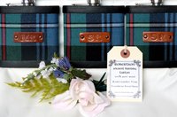 Bespoke Hip flask your Clan family or wedding tartan with hand embossed initials on leather tag
