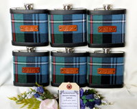 Bespoke Hip flask your Clan family or wedding tartan with hand embossed initials on leather tag