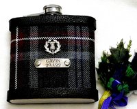 Hebridean Heather Tartan hip flask with thistle and custom engraved stainless steel tag with any name, date, motto etc.