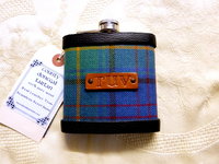 Bespoke Hip flask your Clan family or wedding tartan with hand embossed initials on leather tag