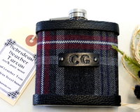 Bespoke Hip flask your Clan family or wedding tartan with hand embossed initials on leather tag