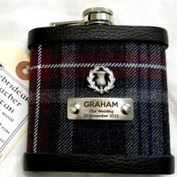 Hebridean Heather Tartan hip flask with thistle and custom engraved stainless steel tag with any name, date, motto etc.