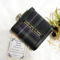 Hebridean Heather Tartan hip flask with thistle and custom engraved stainless steel tag with any name, date, motto etc.