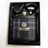 Hebridean Heather Tartan hip flask with thistle and custom engraved stainless steel tag with any name, date, motto etc.