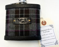 Bespoke Hip flask your Clan family or wedding tartan with hand embossed initials on leather tag