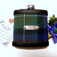 Isle of Skye tartan flask personalised choice of finish plain, engraved, thistle or leather