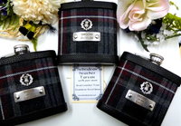 Hebridean Heather Tartan hip flask with thistle and custom engraved stainless steel tag with any name, date, motto etc.