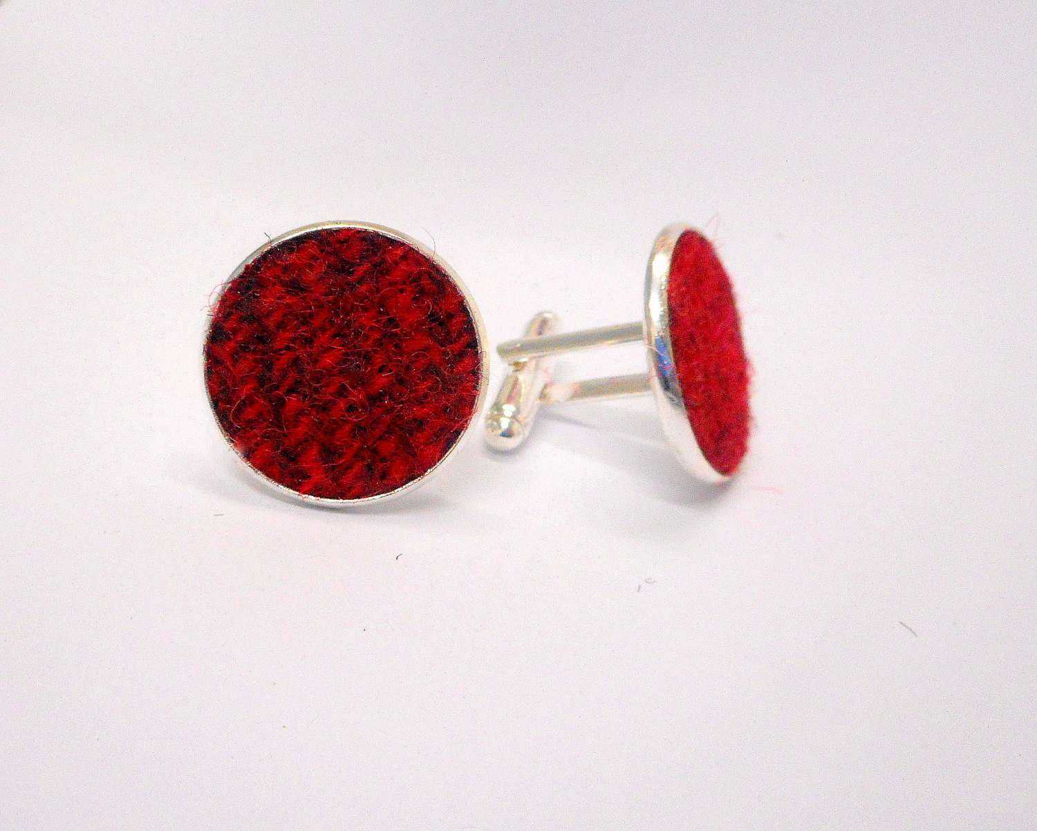 Red and burgundy Harris Tweed cuff links made in Scotland , round cufflinks  for weddings, Best Man or groomsman,  gift for men