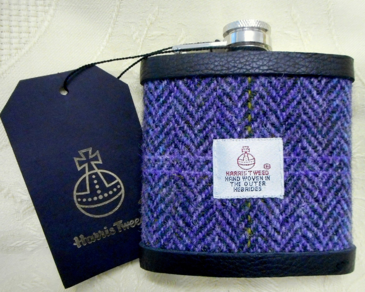 Hip Flask in Harris Tweed, purple heather herringbone , mens gift for retirement best man usher groomsman or birthday made in Scotland  UK