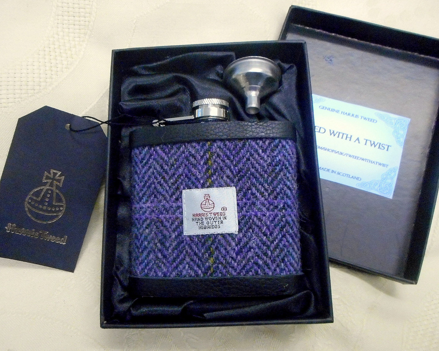 Hip Flask in Harris Tweed, purple heather herringbone , mens gift for retirement best man usher groomsman or birthday made in Scotland  UK