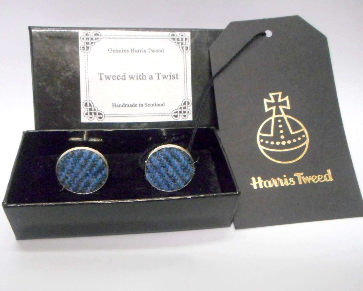 Harris-tweed-cuff-links-blue-and-grey-silver-round