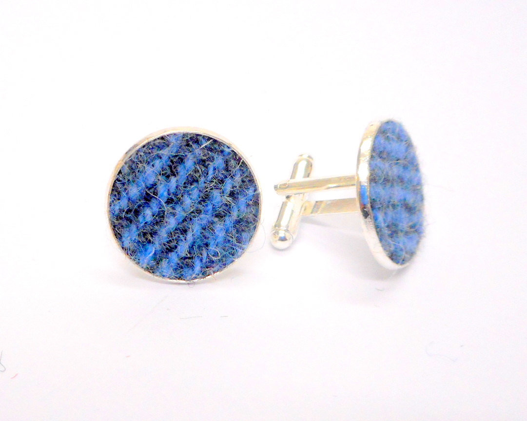 Blue and grey Harris Tweed cuff links made in Scotland  ideal cufflinks for weddings , Best Man or groomsman gift for men