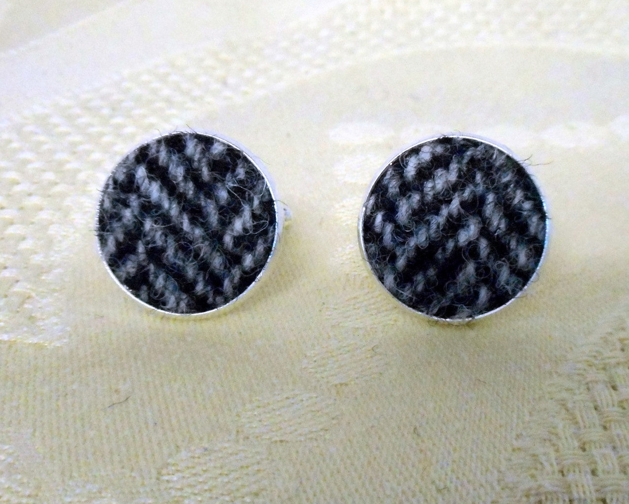 Harris Tweed cuff links silver grey herringbone made in Scotland traditional clothing accessories cufflinks  weddings groomsman gift for men