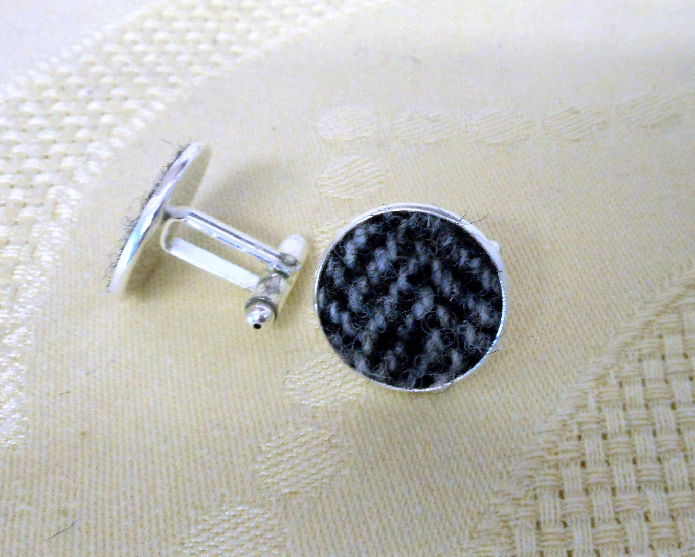 Harris Tweed cuff links silver grey herringbone made in Scotland traditional clothing accessories cufflinks  weddings groomsman gift for men