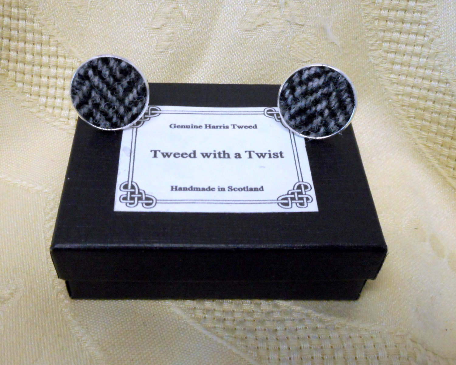 Harris Tweed cuff links silver grey herringbone made in Scotland traditional clothing accessories cufflinks  weddings groomsman gift for men
