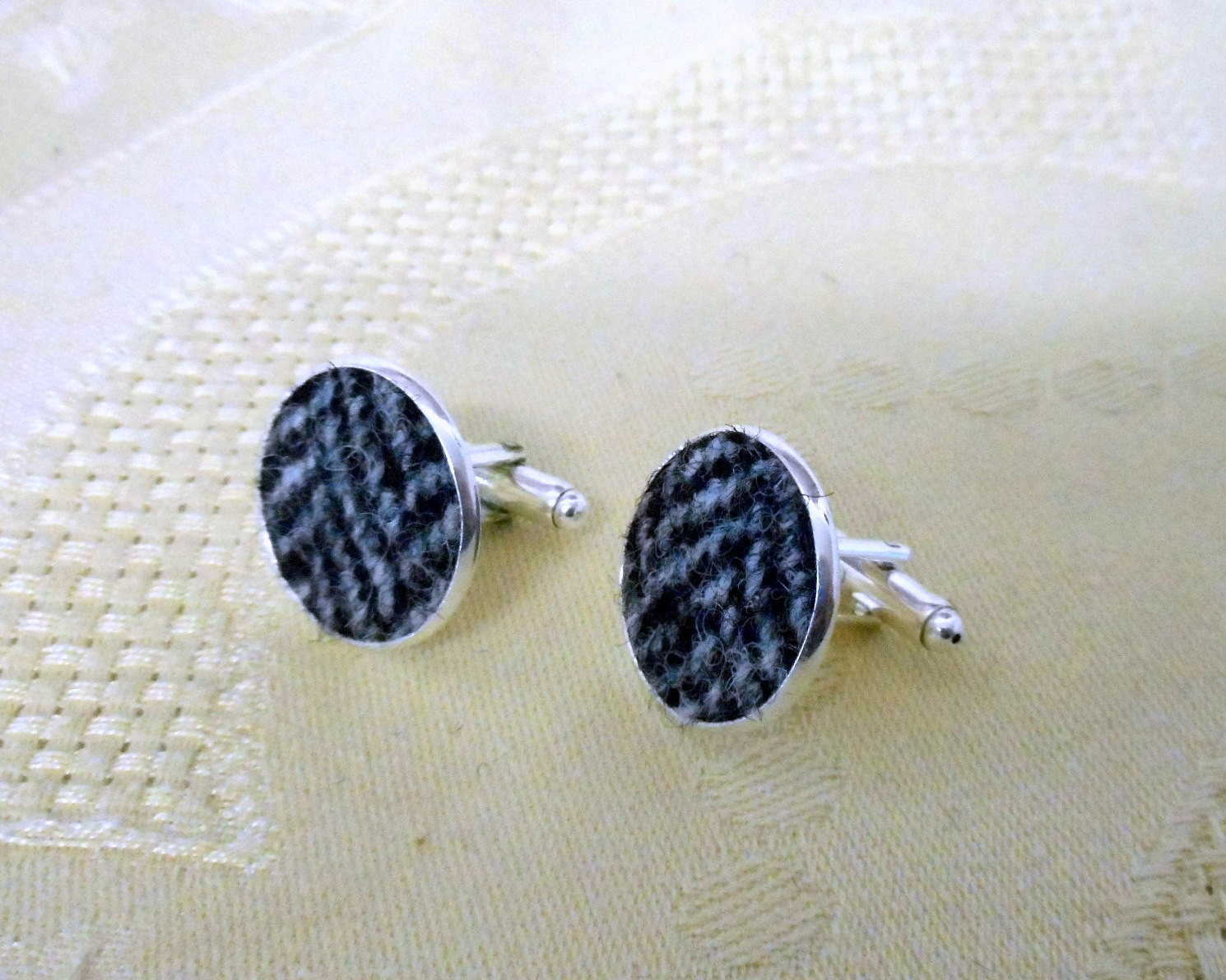 Harris Tweed cuff links silver grey herringbone made in Scotland traditional clothing accessories cufflinks  weddings groomsman gift for men