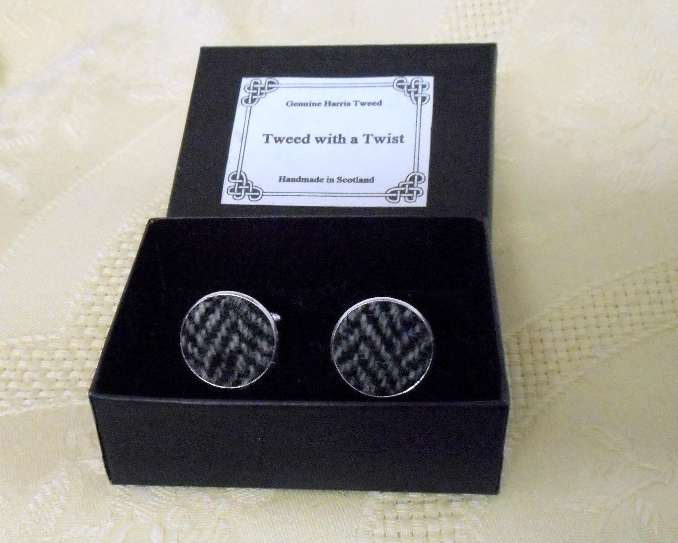 Harris Tweed cuff links silver grey herringbone made in Scotland traditional clothing accessories cufflinks  weddings groomsman gift for men