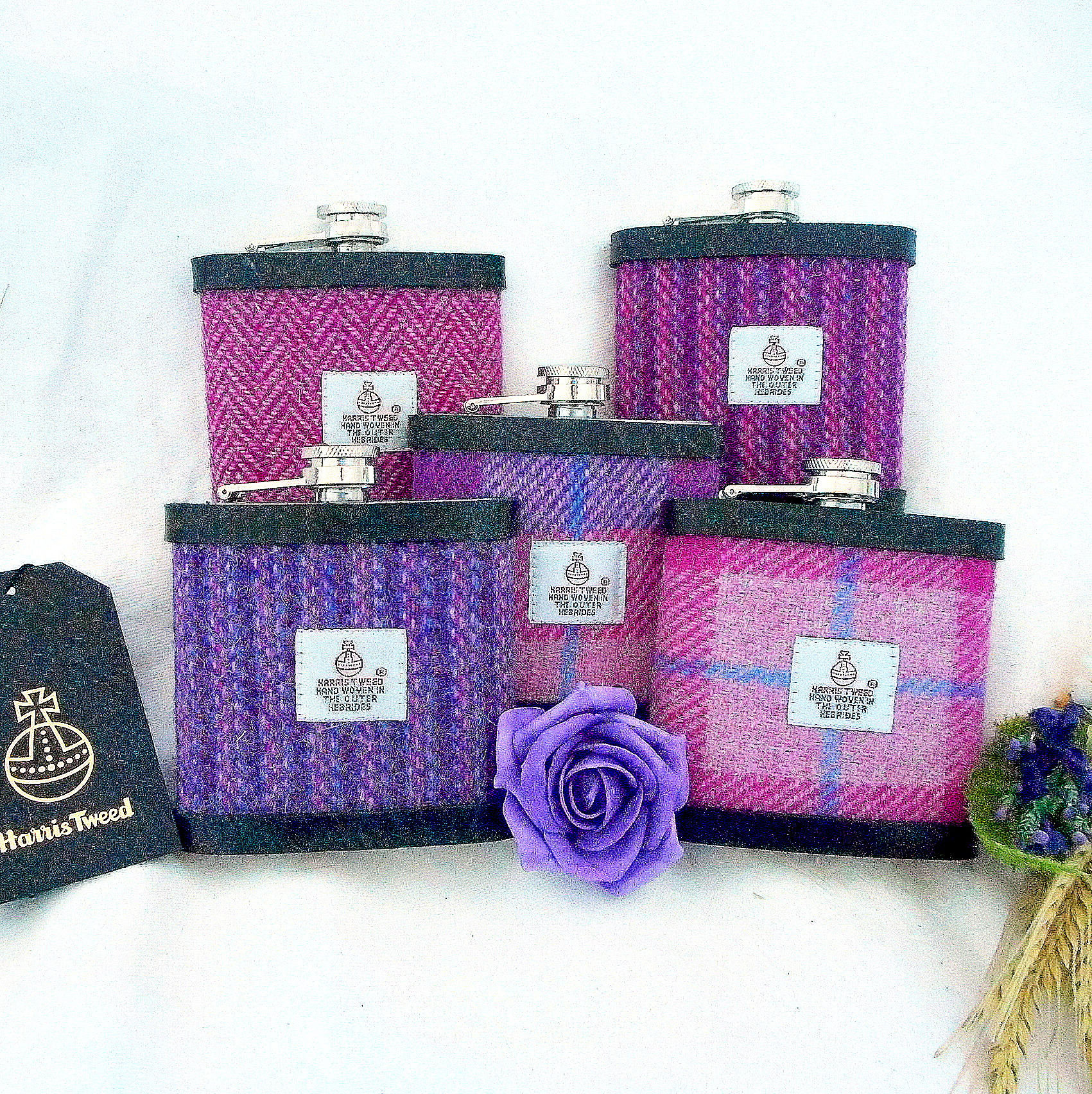 Bridesmaids-gifts-harris-tweed-hip-flasks-pink-personalised-quality-luxury